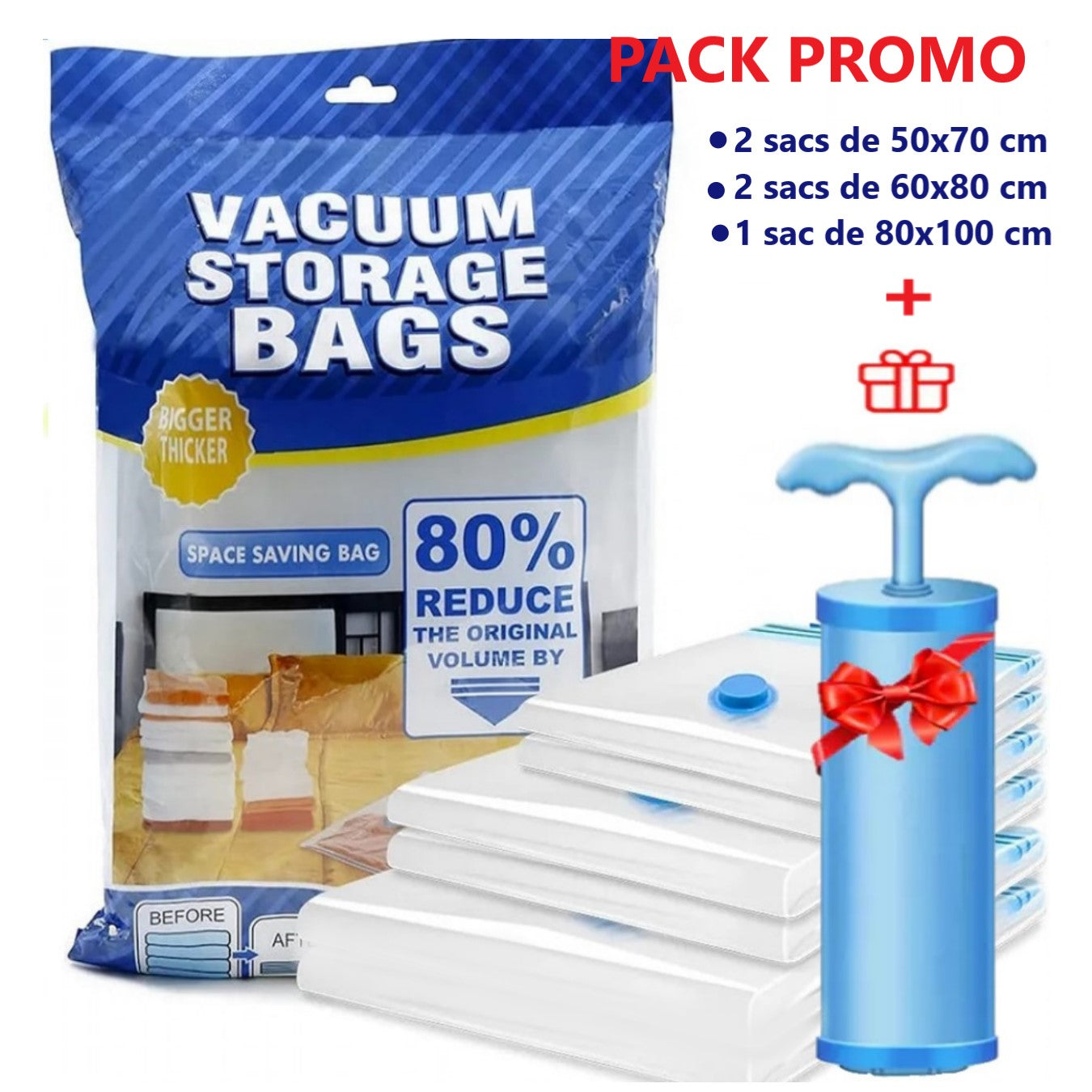 Pack 5 Sacs de rangement sous vide avec pompe
